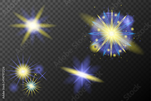 Wallpaper Mural Set of light effects isolated flare explosion shiny line dust solar flare star spark neon light holidays festival, vector element blue yellow Torontodigital.ca