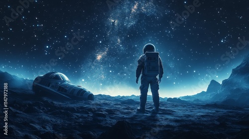 Astronaut Exploring the Surface of a Distant Moon Under Stars