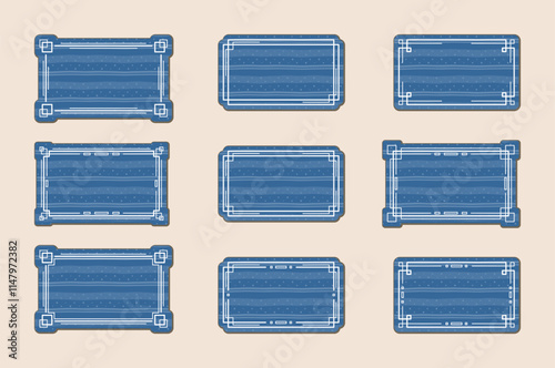 Dark blue rectangular stickers with striped texture and linear geometric borders, isolated on a beige background. Collection of different label frames with place for text. Vector set for postcard, tag