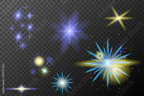 Wallpaper Mural Set of light effects isolated flare explosion shiny line dust solar flare star spark neon light holidays festival, vector element blue yellow Torontodigital.ca