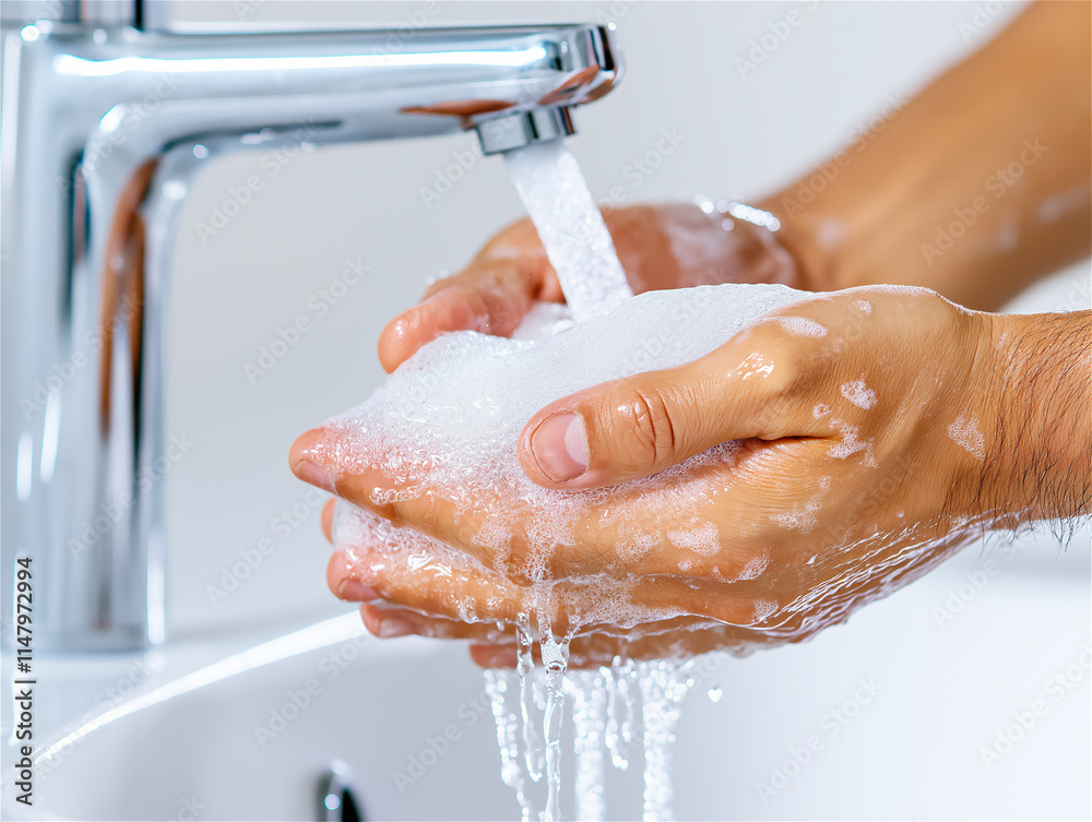 Fototapeta premium Close-up of hands washing under running water with soap, promoting hygiene and cleanliness in a modern sink environment. Suds and faucet details enhance the visual message.