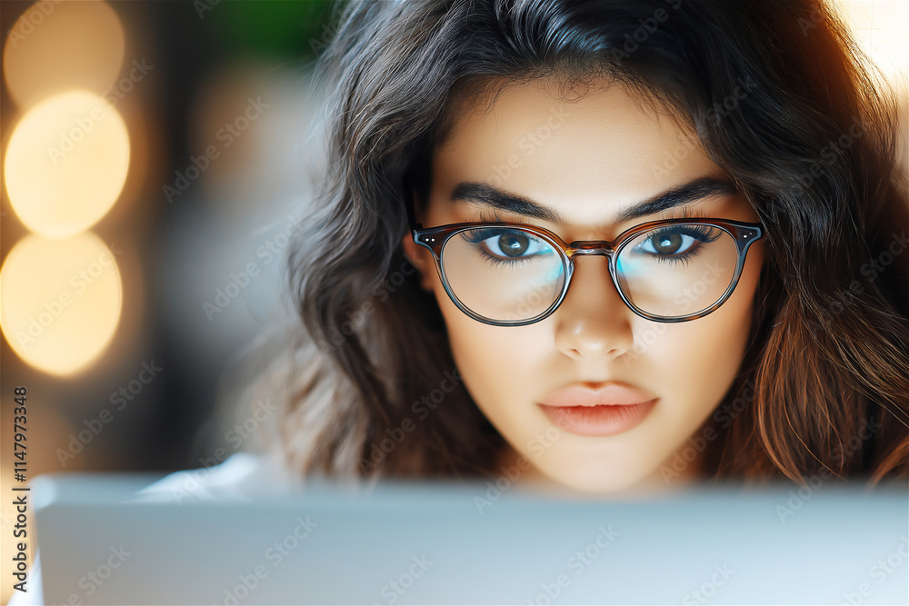 Young woman with glasses concentrating while working on a laptop, highlighting focus, education, and productivity in a warm indoor setting.