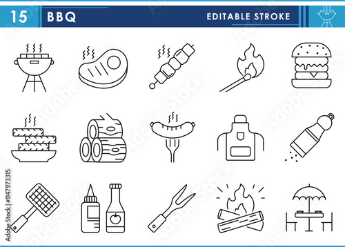 A set of line icons related to BBQ barbecue and grill. BBQ, steak, sausage, burger, carving fork, skewer, cutlet, fire, apron, and so on. Vector editable stroke.