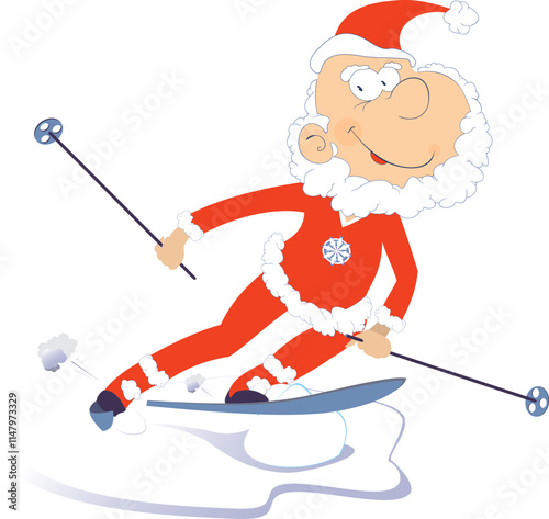 Christmas. Skiing funny Santa Claus. 
Winter sport. Cartoon Santa Claus a skier Isolated on white background

