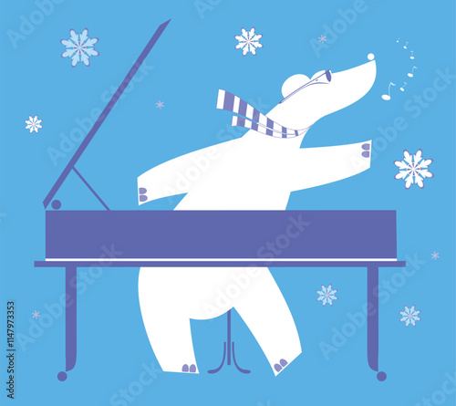 Cute bear plays piano and singing. 
Winter. Polar bear cute bear playing music on piano and singing. White on blue background
