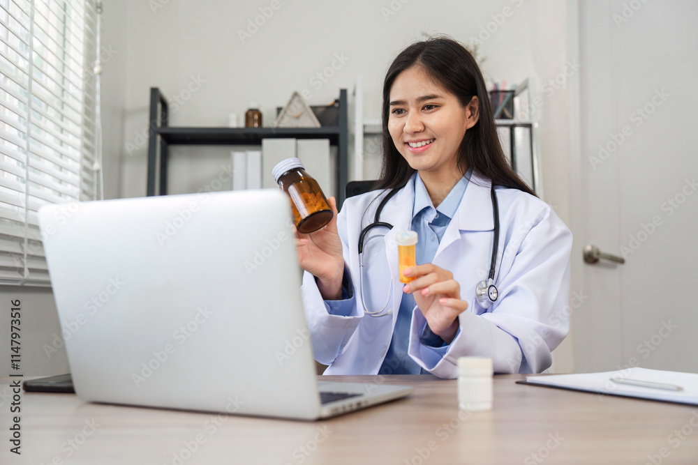 Female Doctor Providing Online Health Advice via Video Call in Modern Medical Office Setting Female Doctor Providing Online Health Advice via Video Call in Modern Medical Office Setting
