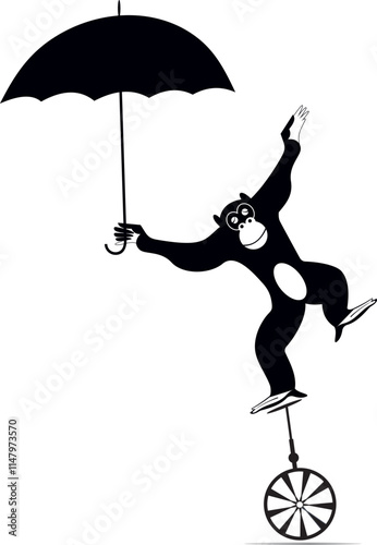 Equilibrist monkey balances on the unicycle with umbrella. 
Circus. Cartoon monkey holds an umbrella and balances on unicycle. Black and white illustration
