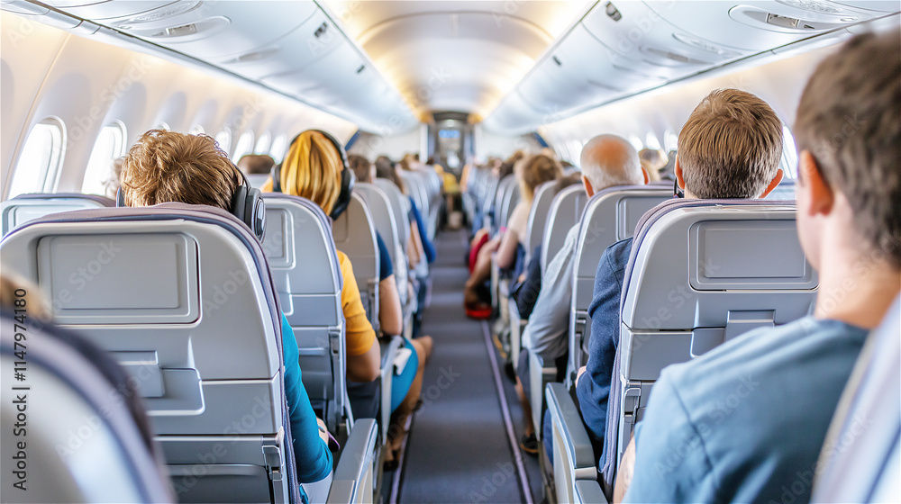 Fototapeta premium View from an airplane cabin showing rows of occupied seats, emphasizing comfort and the travel experience in economy class.