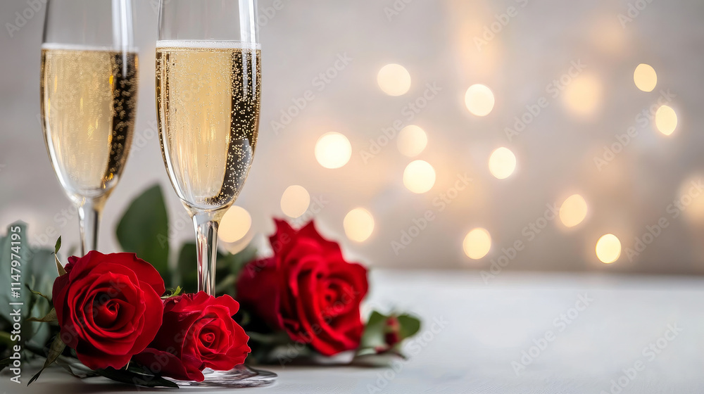  A romantic dinner setting with red roses and champagne glasses, creating an atmosphere of love for Valentine's Day. 