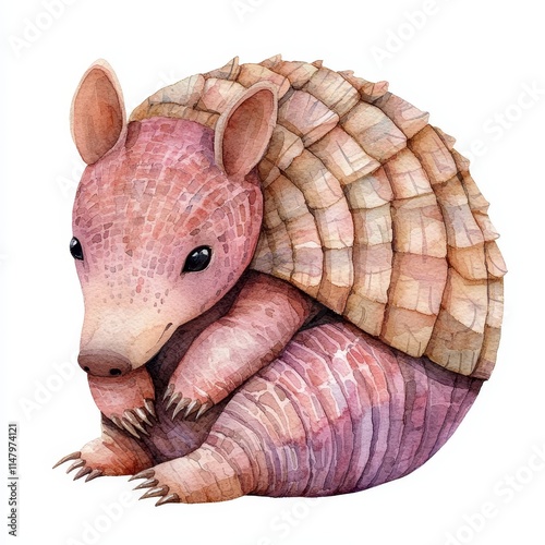 Cute Watercolor Armadillo Character Illustration for Kids' Decor and Educational Materials photo