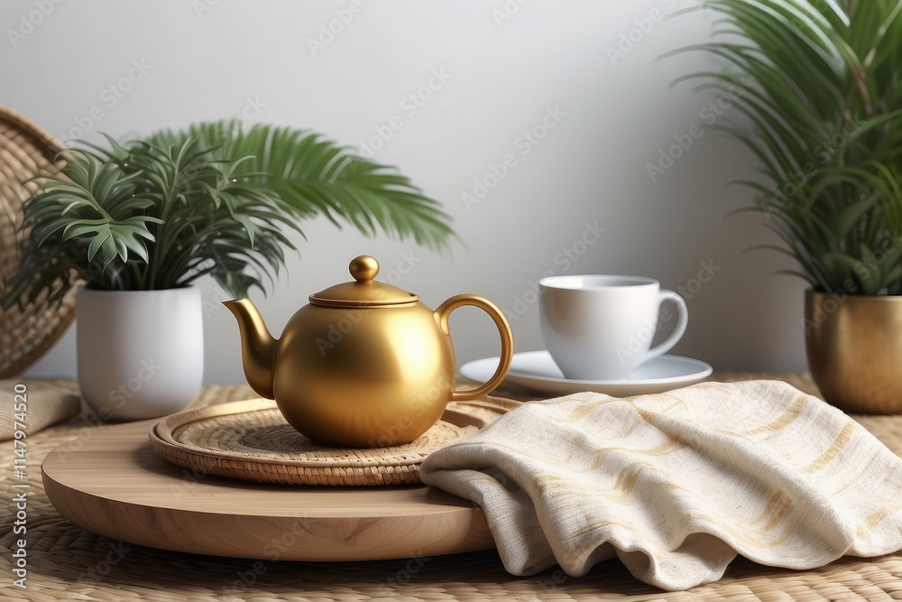 Obraz premium Modern minimal home interior design. Pillows, golden teapot, decorative straw plates, Scandinavian blanket, tropical palm tree, succulent and decorations