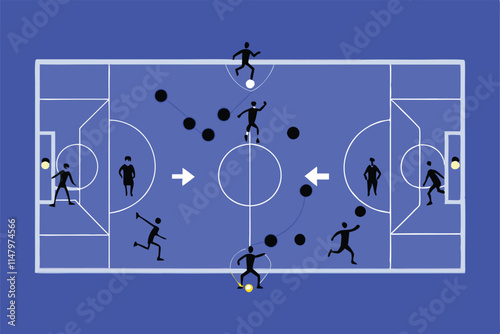 Create a chalkboard-style illustration of a detailed soccer tactics diagram, showing player positions, formations, and movement arrows.