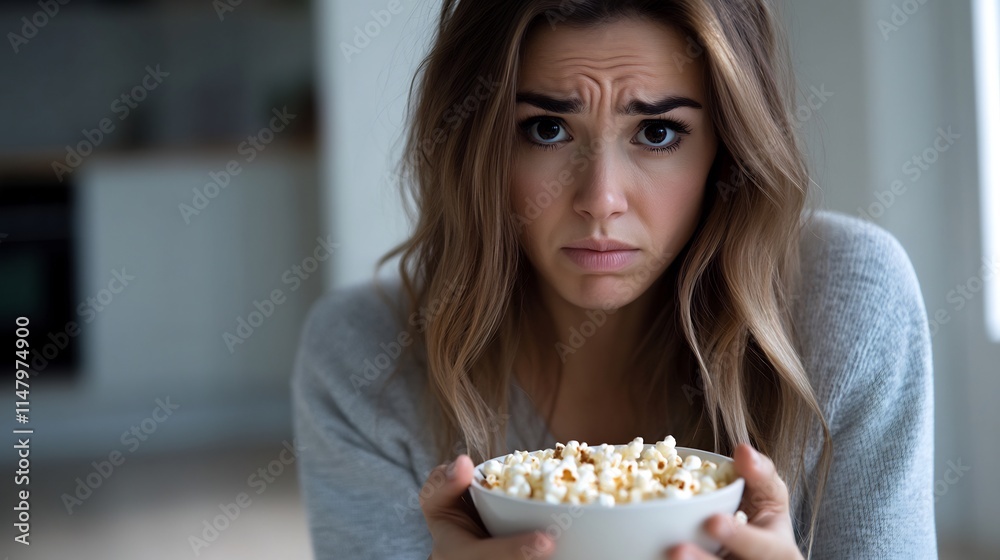 Disappointed Woman Watching Movie with Popcorn Disappointed Woman Watching Movie with Popcorn