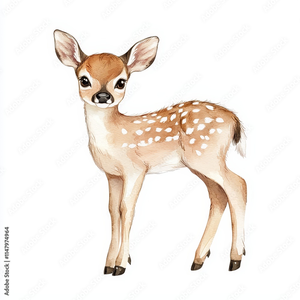 Fototapeta premium Cute Watercolor Fawn Character Illustration with Adorable Features and Soft Color Palette for Artistic Projects