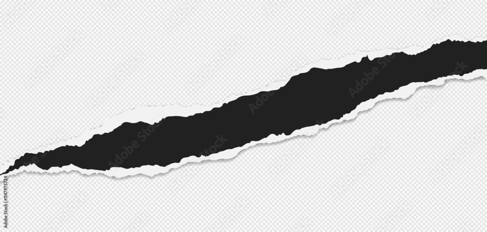 Black piece of paper with torn edges and soft shadow are on grey background for text or ad.