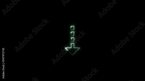 Direction arrow down neon glowing cyan color animation. Black background 4k video.