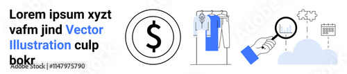 Dollar sign inside circle, clothing on rack, magnifying glass examining line graph, and calendar inside cloud. Ideal for finance, fashion, research, data analysis, business technology planning