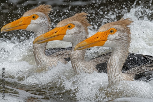 Three pelicans with vibrant orange beaks playfully splashing in a churning river, creating dynamic water spray. photo