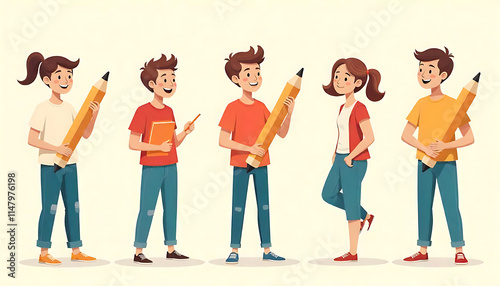 Various people with a large Pencil. Young person holding pencil. Cute funny isolated characters. Cartoon style. Hand drawn Vector illustration. Drawing, writing, creating, design, blogging concept