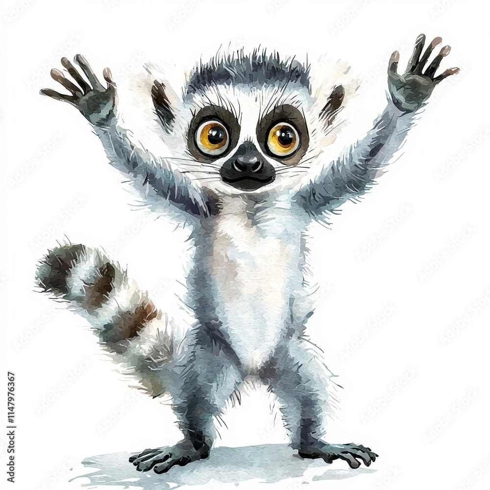 Fototapeta premium Cute Watercolor Lemur Character with Open Arms in Playful Pose for Kids' Art Projects and Illustrations
