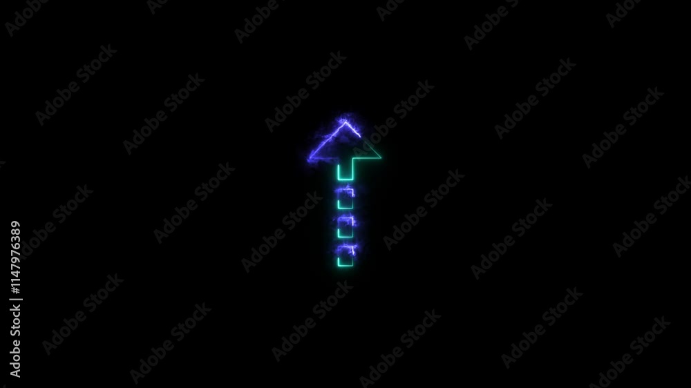 Direction arrow up neon light glowing sign icon colorful animation. Black background 4k video.