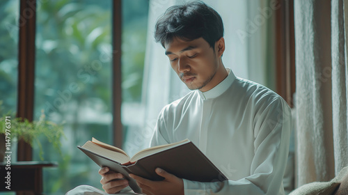 An adult man with a thin mustache and a latrine read Al-Qur'an solemnly
