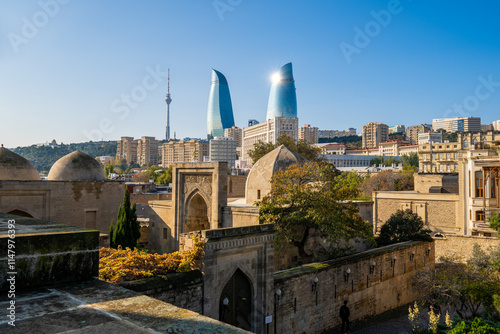 Skyline of Baku and view of the Flame Towers, Azerbaijan photo