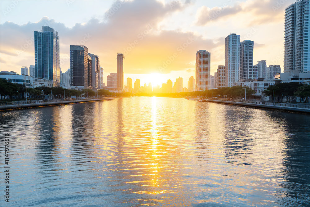 Serene riverside cityscape at sunset. The golden light reflects on the water, highlighting the skyline and creating a peaceful urban atmosphere. Serene riverside cityscape at sunset. The golden light reflects on the water, highlighting the skyline and creating a peaceful urban atmosphere.