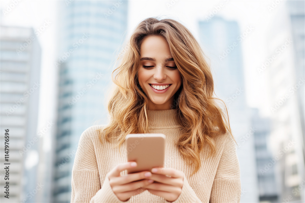 A smiling young woman holding a smartphone in an urban setting. The cityscape in the background enhances the modern and connected vibe.