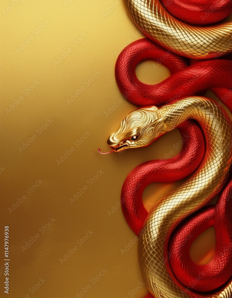 Obraz premium Top view of red and golden snakes on gold background with copy space. 2025 , year of the snake. Generated image