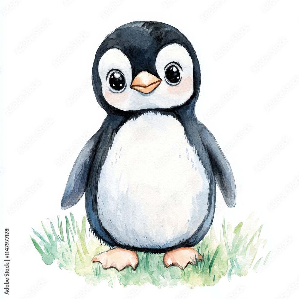 Naklejka premium Adorable Watercolor Penguin Character Standing on Grass with Large Eyes and Charming Expression in a Cute Design