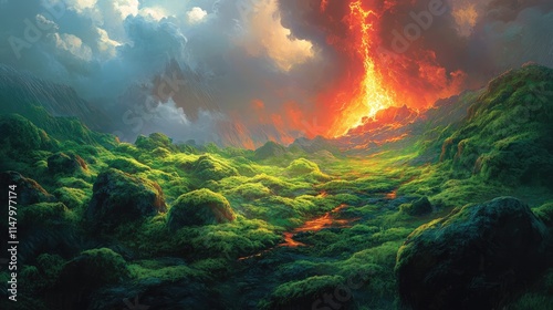 Mosscovered boulders dot the landscape as a distant volcano spews molten lava into the air. The contrast between the vibrant green and fiery orange creates an alluring yet photo