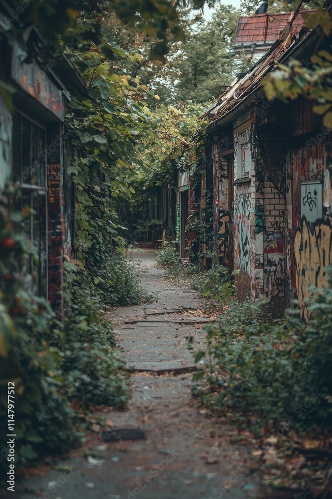 Overgrown alley with vibrant graffiti and lush greenery in an abandoned urban area during a cloudy afternoon Overgrown alley with vibrant graffiti and lush greenery in an abandoned urban area during a cloudy afternoon