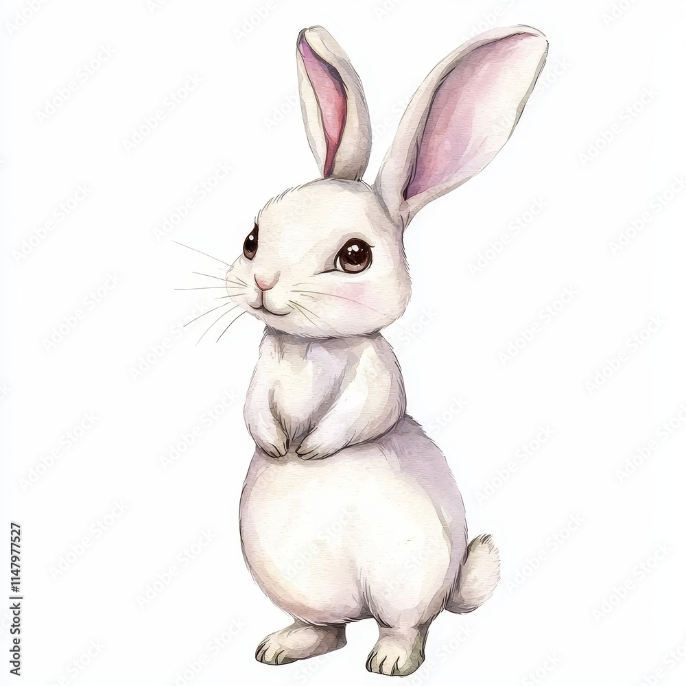 Fototapeta premium Cute Watercolor Rabbit Character Standing with Bright Eyes and Fluffy Body for Illustration and Design Projects