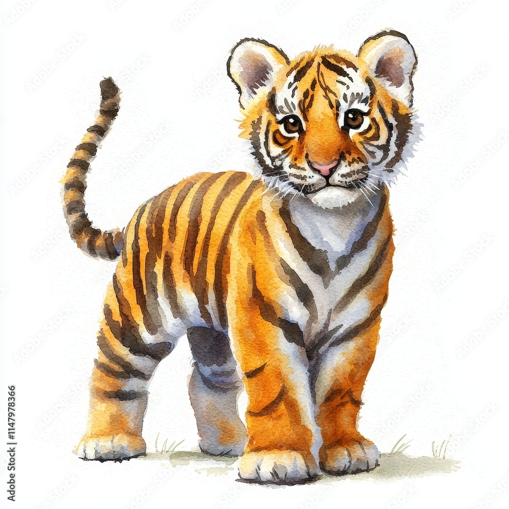 Obraz premium Adorable Watercolor Illustration of a Cute Tiger Cub Character with Striking Features