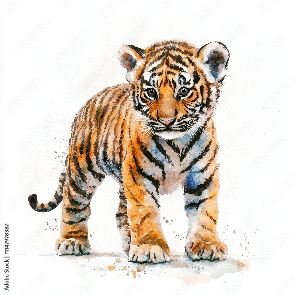 Naklejka premium Adorable Watercolor Illustration of a Cute Tiger Cub with Striking Features and Playful Expression