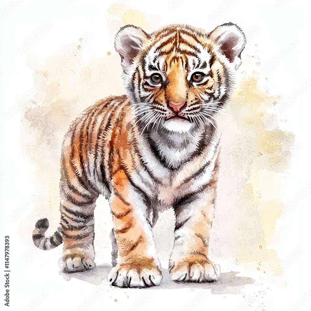 Obraz premium Adorable Watercolor Illustration of a Cute Tiger Cub Character with Striking Features