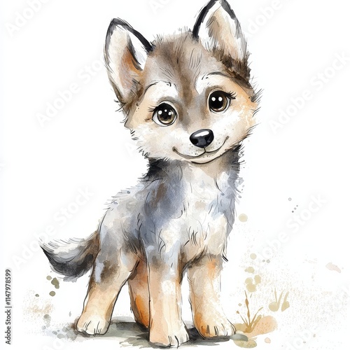 Cute Watercolor Wolf Pup Character with Big Eyes in Playful Stance Surrounded by Soft Colors