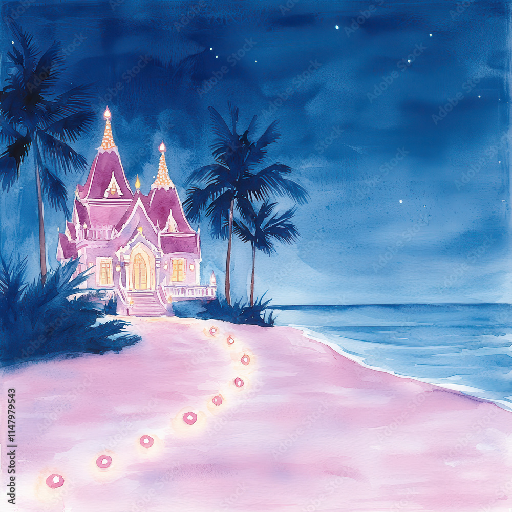 Obraz premium Enchanting temple by sea under starry night sky