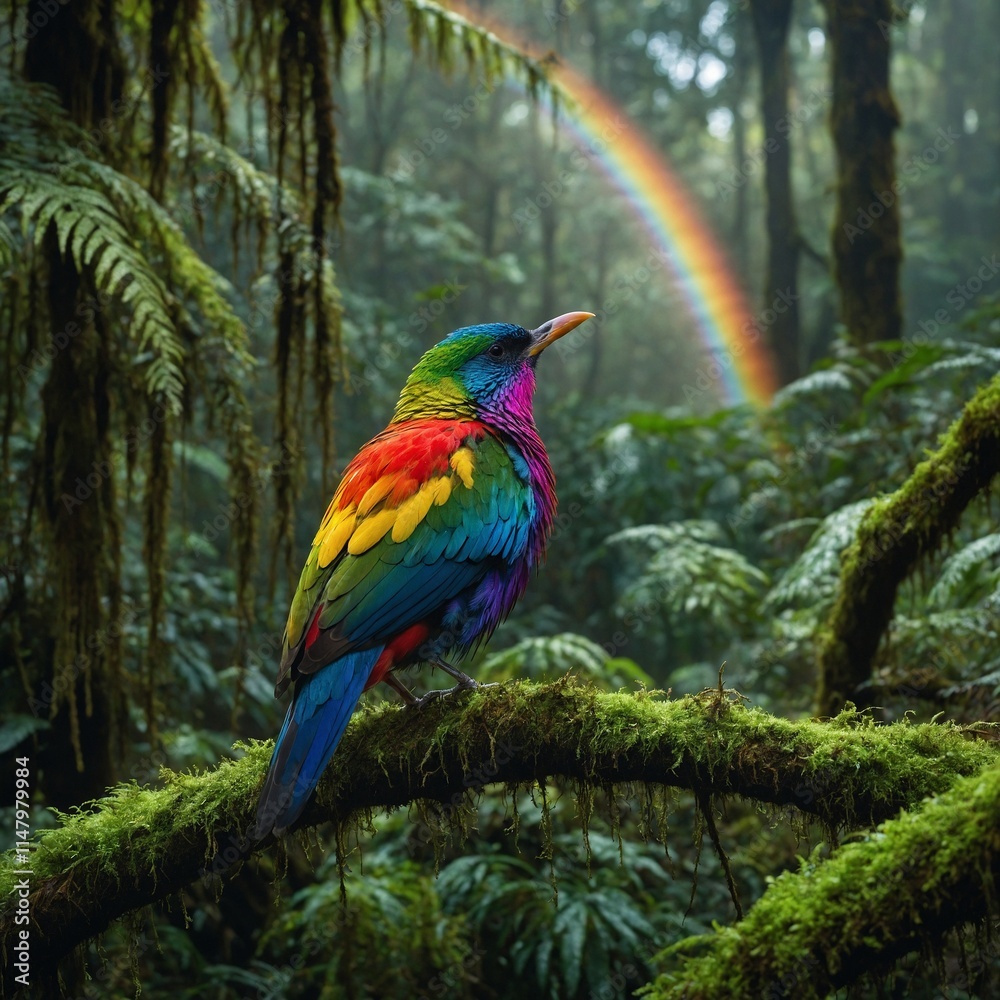 A radiant bird with rainbow-colored feathers perched on a moss-covered branch in a dense rainforest. A radiant bird with rainbow-colored feathers perched on a moss-covered branch in a dense rainforest.