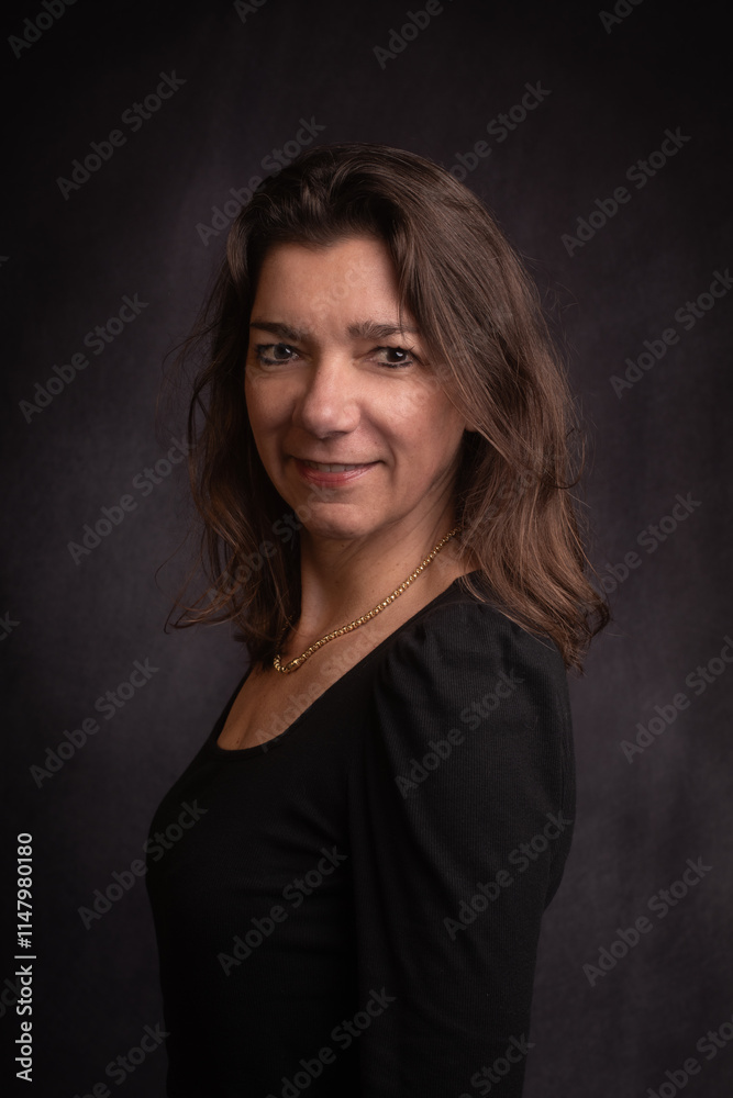 painterly renaissance studio portrait of a smiling middle-aged caucasian woman with brown hair and eyes painterly renaissance studio portrait of a smiling middle-aged caucasian woman with brown hair and eyes