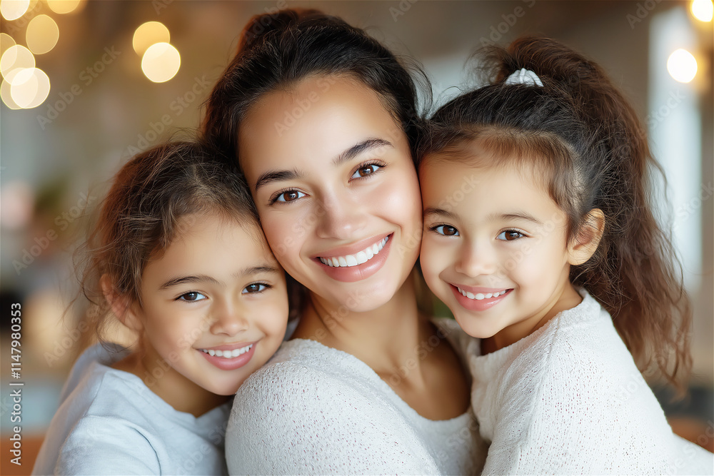 Smiling mother and two daughters embracing warmly in a cozy indoor setting, showcasing family love, bonding, and happiness. The photo emphasizes closeness and affection. Smiling mother and two daughters embracing warmly in a cozy indoor setting, showcasing family love, bonding, and happiness. The photo emphasizes closeness and affection.