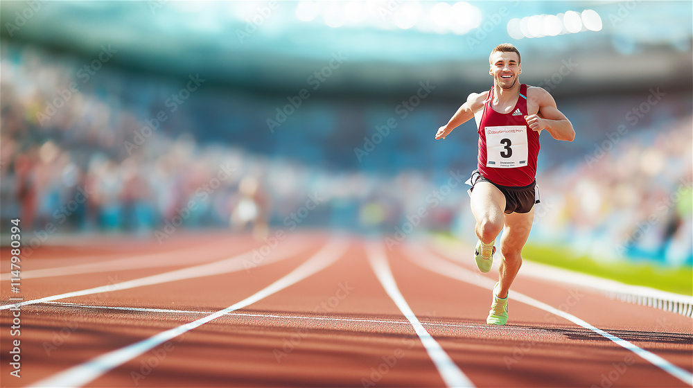 Obraz premium Professional athlete sprinting on a track, captured in motion during a competitive race. The image highlights speed, determination, and sportsmanship.