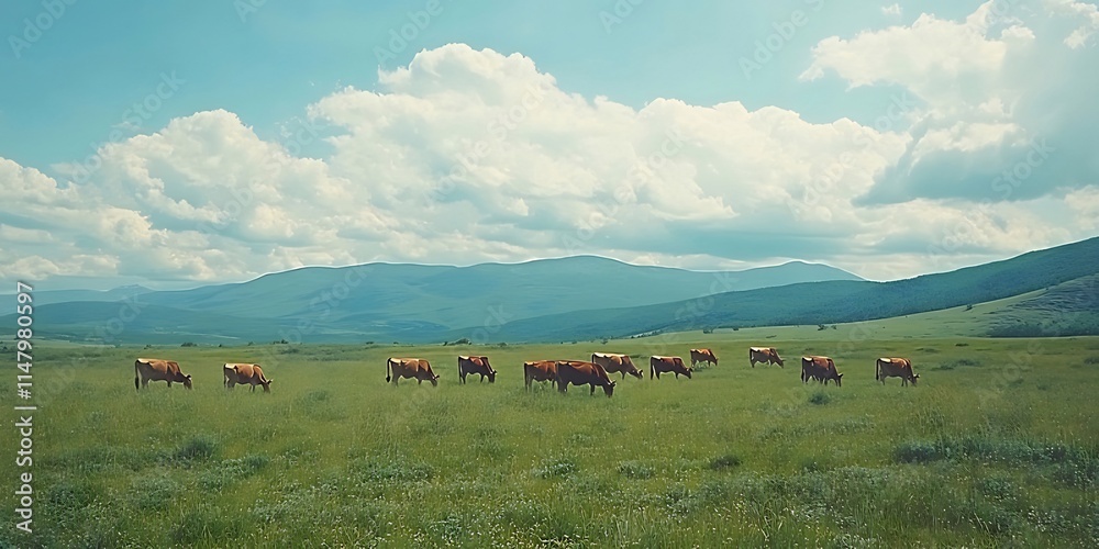 Cows graze in a lush green pasture with mountains in the background under a partly cloudy sky. Cows graze in a lush green pasture with mountains in the background under a partly cloudy sky.