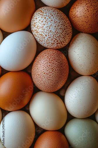 A collection of colorful eggs with various patterns and shades shown closely photo