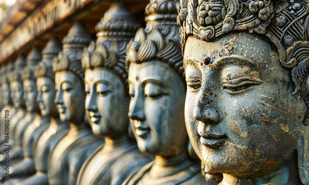 Ancient carved stone faces with intricate details, lit by soft sunlight Ancient carved stone faces with intricate details, lit by soft sunlight
