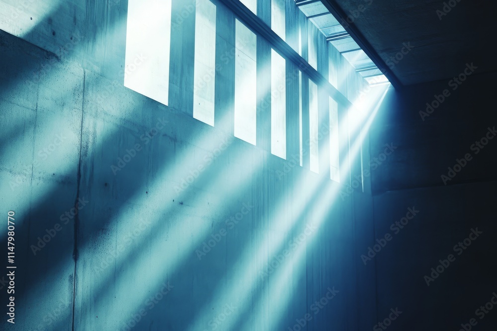 Obraz premium A blue wall with a window and sunlight shining through it. The sunlight is creating a bright blue light