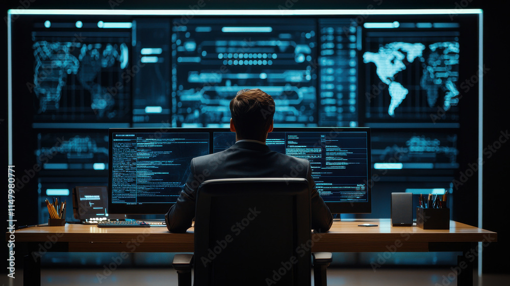 professional working in modern office with multiple screens displaying data professional working in modern office with multiple screens displaying data