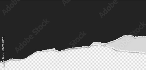 Black and white piece of paper with torn edges and soft shadow are on grey background for text or ad.