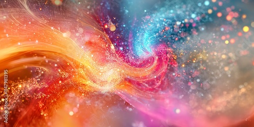 A mesmerizing swirl of vibrant colors and particles, creating a dynamic cosmic energy effect in a mystical digital art background.